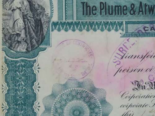 1901 Plume And Atwood Manufacturing Company, Stock Certificate, 200 Shares , 203