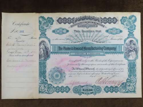 1901 Plume And Atwood Manufacturing Company, Stock Certificate, 650 Shares , 202