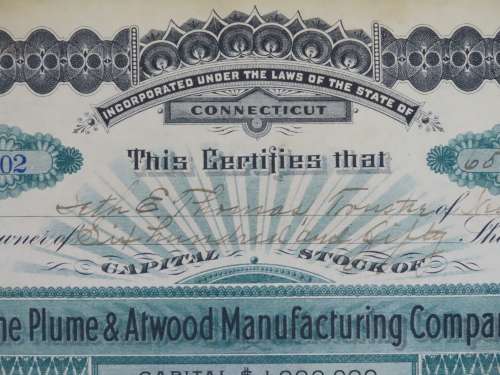 1901 Plume And Atwood Manufacturing Company, Stock Certificate, 650 Shares , 202