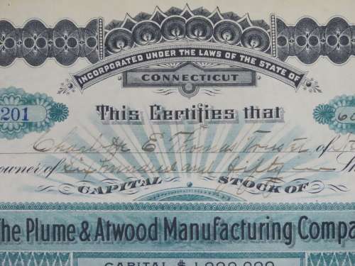 1901 Plume And Atwood Manufacturing Company, Stock Certificate, 650 Shares , 201