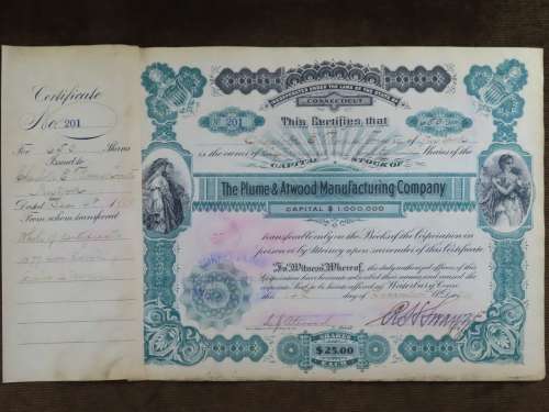 1901 Plume And Atwood Manufacturing Company, Stock Certificate, 650 Shares , 201