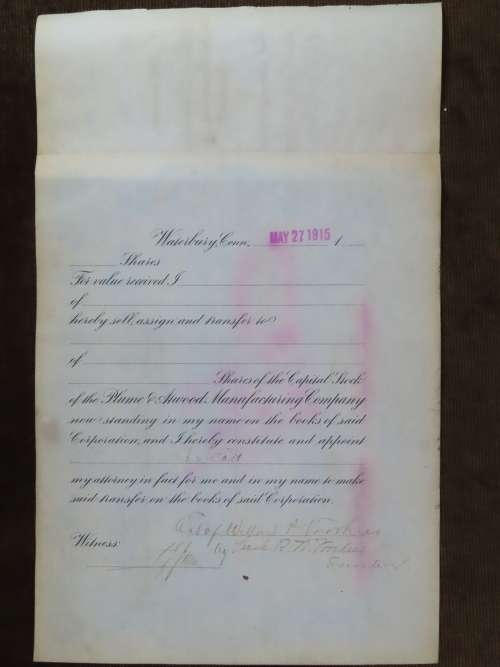 1901 Plume And Atwood Manufacturing Company, Stock Certificate, 100 Shares , 219