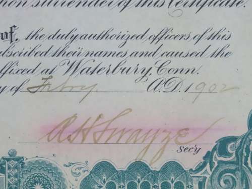 1901 Plume And Atwood Manufacturing Company, Stock Certificate, 100 Shares , 220