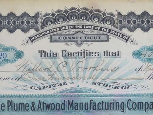 1901 Plume And Atwood Manufacturing Company, Stock Certificate, 100 Shares , 220