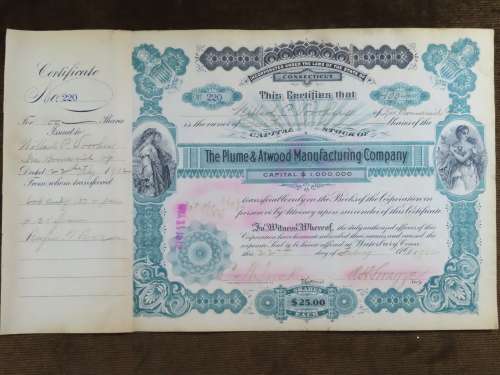 1901 Plume And Atwood Manufacturing Company, Stock Certificate, 100 Shares , 220