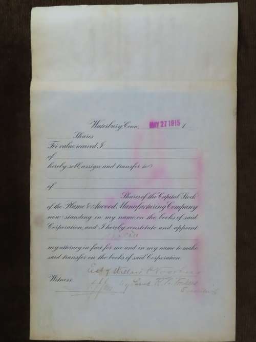 1901 Plume And Atwood Manufacturing Company, Stock Certificate, 100 Shares , 220