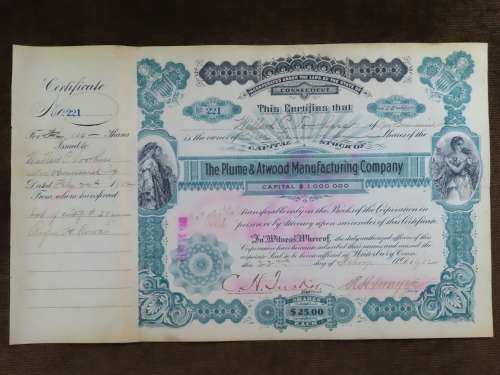 1901 Plume And Atwood Manufacturing Company, Stock Certificate, 100 Shares , 221