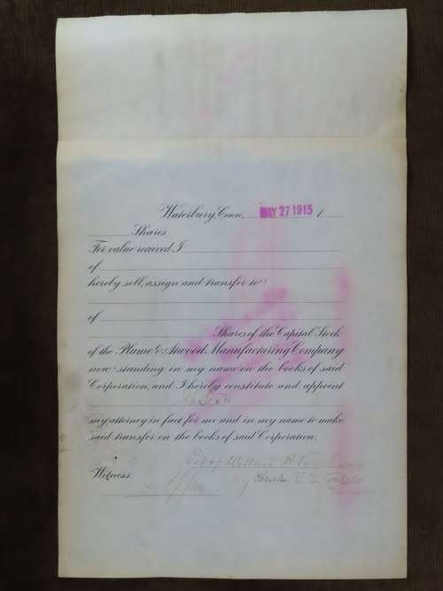 1901 Plume And Atwood Manufacturing Company, Stock Certificate, 100 Shares , 221