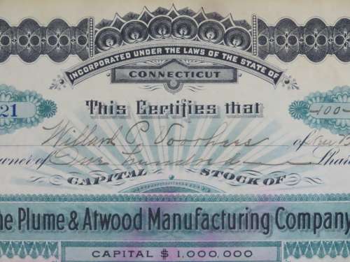 1901 Plume And Atwood Manufacturing Company, Stock Certificate, 100 Shares , 221