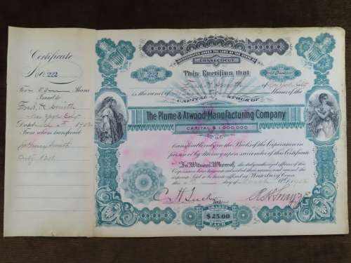 1901 Plume And Atwood Manufacturing Company, Stock Certificate, 90 Shares , 222