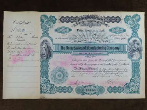 1901 Plume And Atwood Manufacturing Company, Stock Certificate, 332 Shares , 223