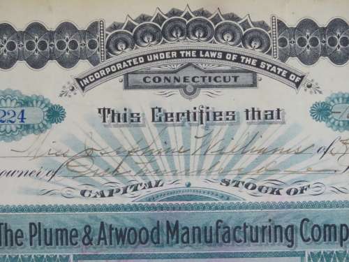 1901 Plume And Atwood Manufacturing Company, Stock Certificate, 100 Shares , 224