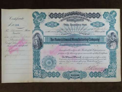 1901 Plume And Atwood Manufacturing Company, Stock Certificate, 100 Shares , 224