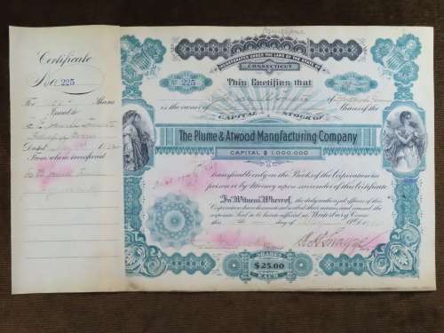 1901 Plume And Atwood Manufacturing Company, Stock Certificate, 100 Shares , 225