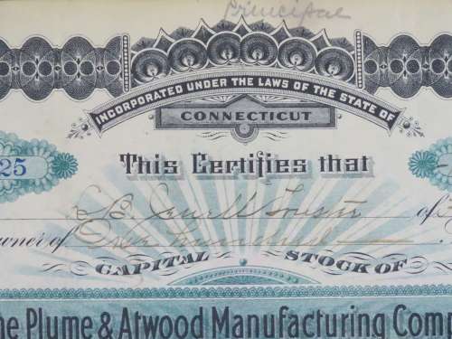 1901 Plume And Atwood Manufacturing Company, Stock Certificate, 100 Shares , 225