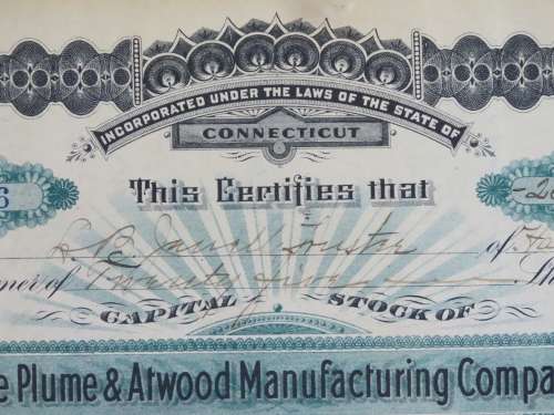 1901 Plume And Atwood Manufacturing Company, Stock Certificate, 25 Shares , 226
