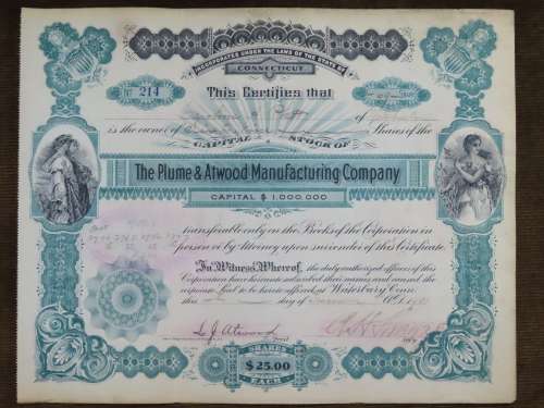 1901 Plume And Atwood Manufacturing Company, Stock Certificate, 69 Shares , 214