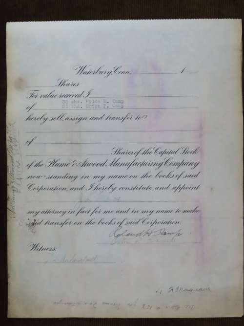 1901 Plume And Atwood Manufacturing Company, Stock Certificate, 69 Shares , 214