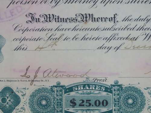 1901 Plume And Atwood Manufacturing Company, Stock Certificate, 69 Shares , 213