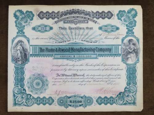 1901 Plume And Atwood Manufacturing Company, Stock Certificate, 69 Shares , 213