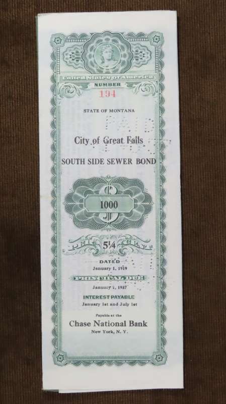 1919 City of Great Falls - South Side Sewer Bond, $1000 Bond, 194