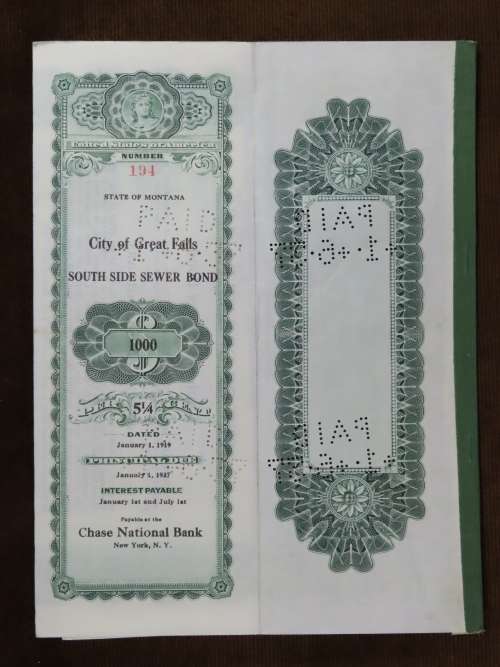 1919 City of Great Falls - South Side Sewer Bond, $1000 Bond, 194