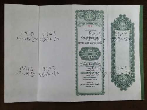 1919 City of Great Falls - South Side Sewer Bond, $1000 Bond, 194