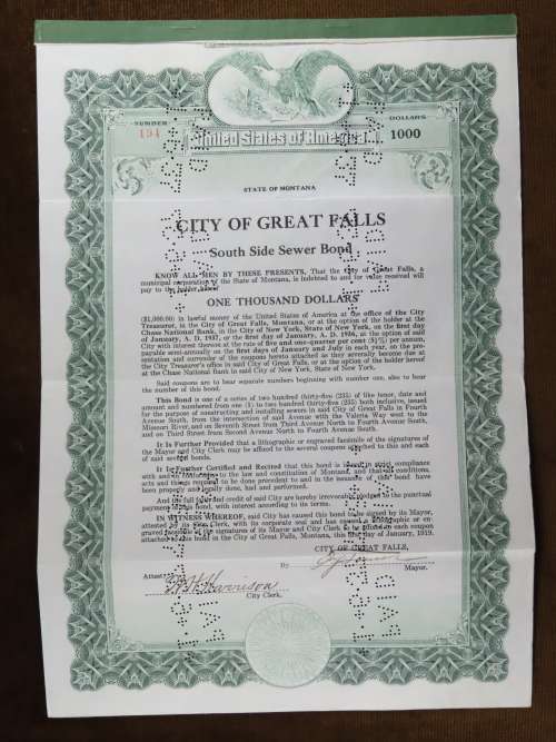 1919 City of Great Falls - South Side Sewer Bond, $1000 Bond, 194
