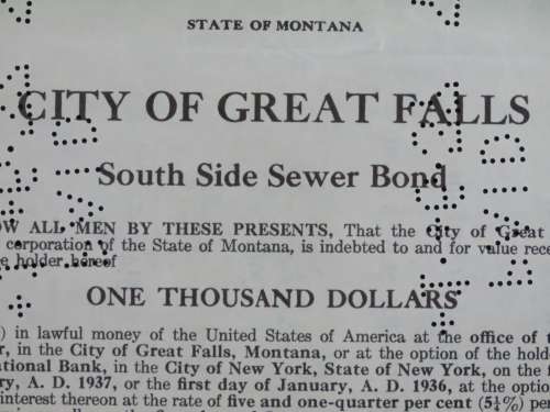 1919 City of Great Falls - South Side Sewer Bond, $1000 Bond, 194