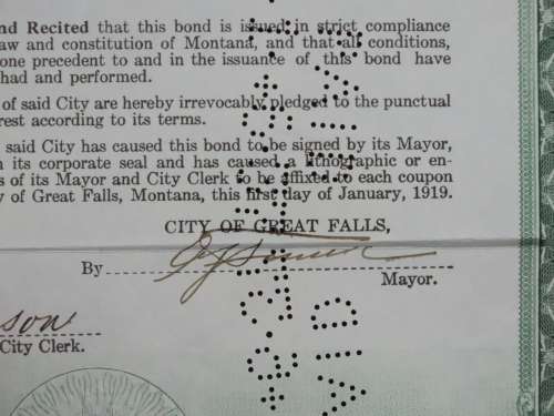 1919 City of Great Falls - South Side Sewer Bond, $1000 Bond, 194