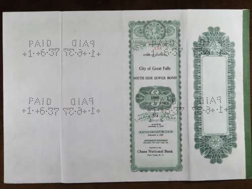 1919 City of Great Falls - South Side Sewer Bond, $1000 Bond, 193