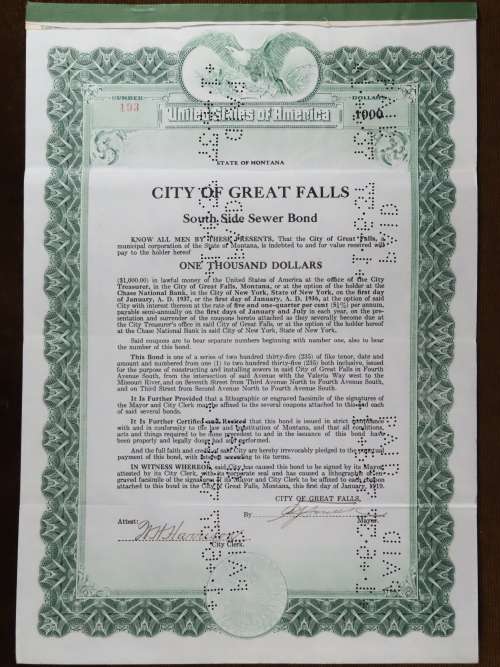 1919 City of Great Falls - South Side Sewer Bond, $1000 Bond, 193