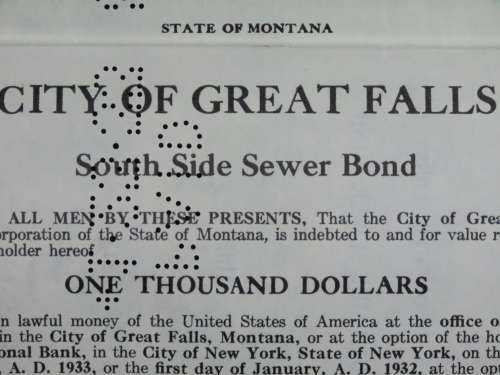 1919 City of Great Falls - South Side Sewer Bond, $1000 Bond, 125