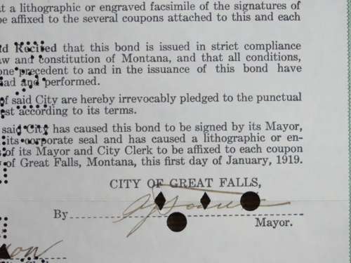 1919 City of Great Falls - South Side Sewer Bond, $1000 Bond, 124