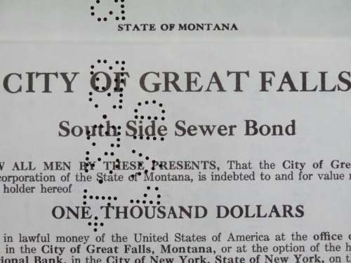 1919 City of Great Falls - South Side Sewer Bond, $1000 Bond, 124
