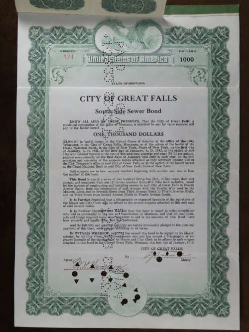 1919 City of Great Falls - South Side Sewer Bond, $1000 Bond, 124