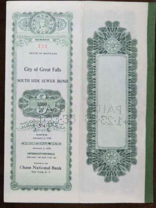 1919 City of Great Falls - South Side Sewer Bond, $1000 Bond, 124