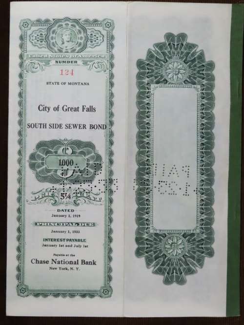 1919 City of Great Falls - South Side Sewer Bond, $1000 Bond, 124