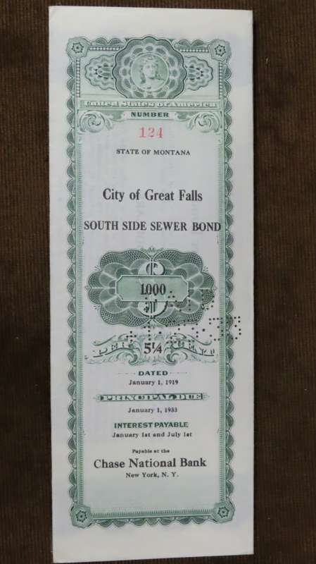 1919 City of Great Falls - South Side Sewer Bond, $1000 Bond, 124