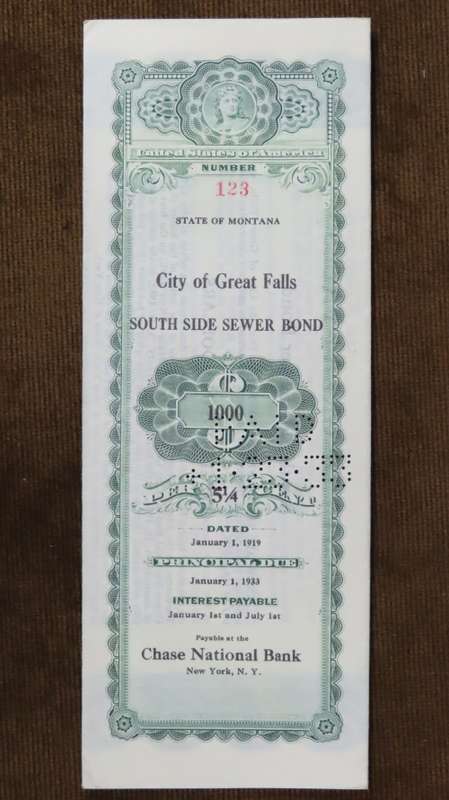 1919 City of Great Falls - South Side Sewer Bond, $1000 Bond, 123