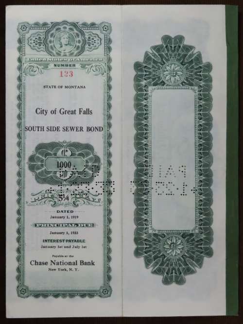 1919 City of Great Falls - South Side Sewer Bond, $1000 Bond, 123