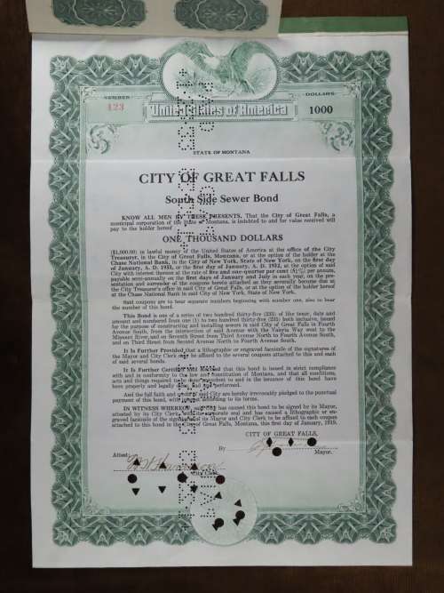 1919 City of Great Falls - South Side Sewer Bond, $1000 Bond, 123