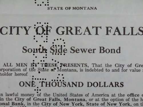 1919 City of Great Falls - South Side Sewer Bond, $1000 Bond, 123