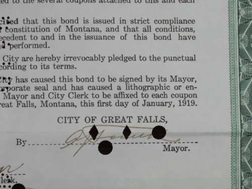 1919 City of Great Falls - South Side Sewer Bond, $1000 Bond, 123