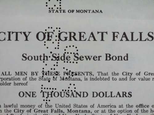 1919 City of Great Falls - South Side Sewer Bond, $1000 Bond, 123