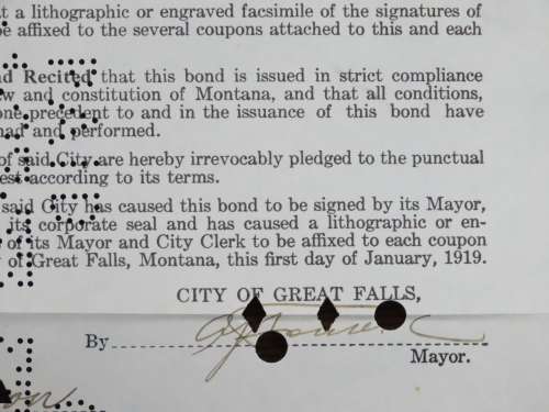 1919 City of Great Falls - South Side Sewer Bond, $1000 Bond, 123