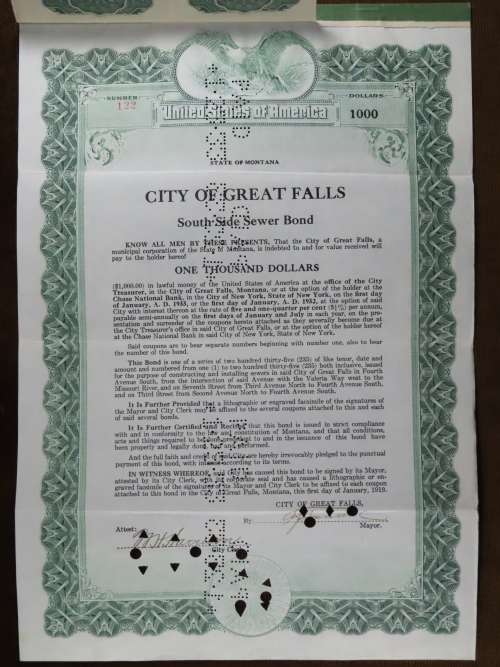 1919 City of Great Falls - South Side Sewer Bond, $1000 Bond, 122