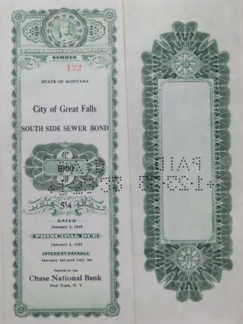1919 City of Great Falls - South Side Sewer Bond, $1000 Bond, 122