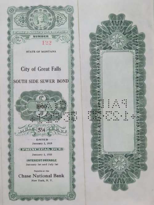 1919 City of Great Falls - South Side Sewer Bond, $1000 Bond, 122