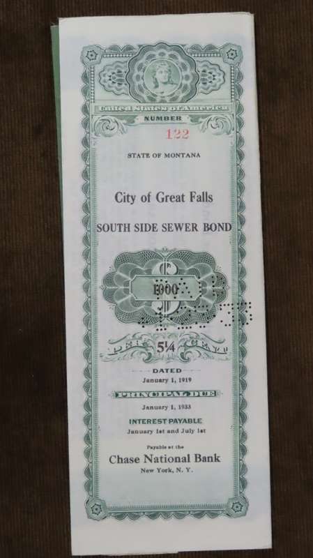 1919 City of Great Falls - South Side Sewer Bond, $1000 Bond, 122